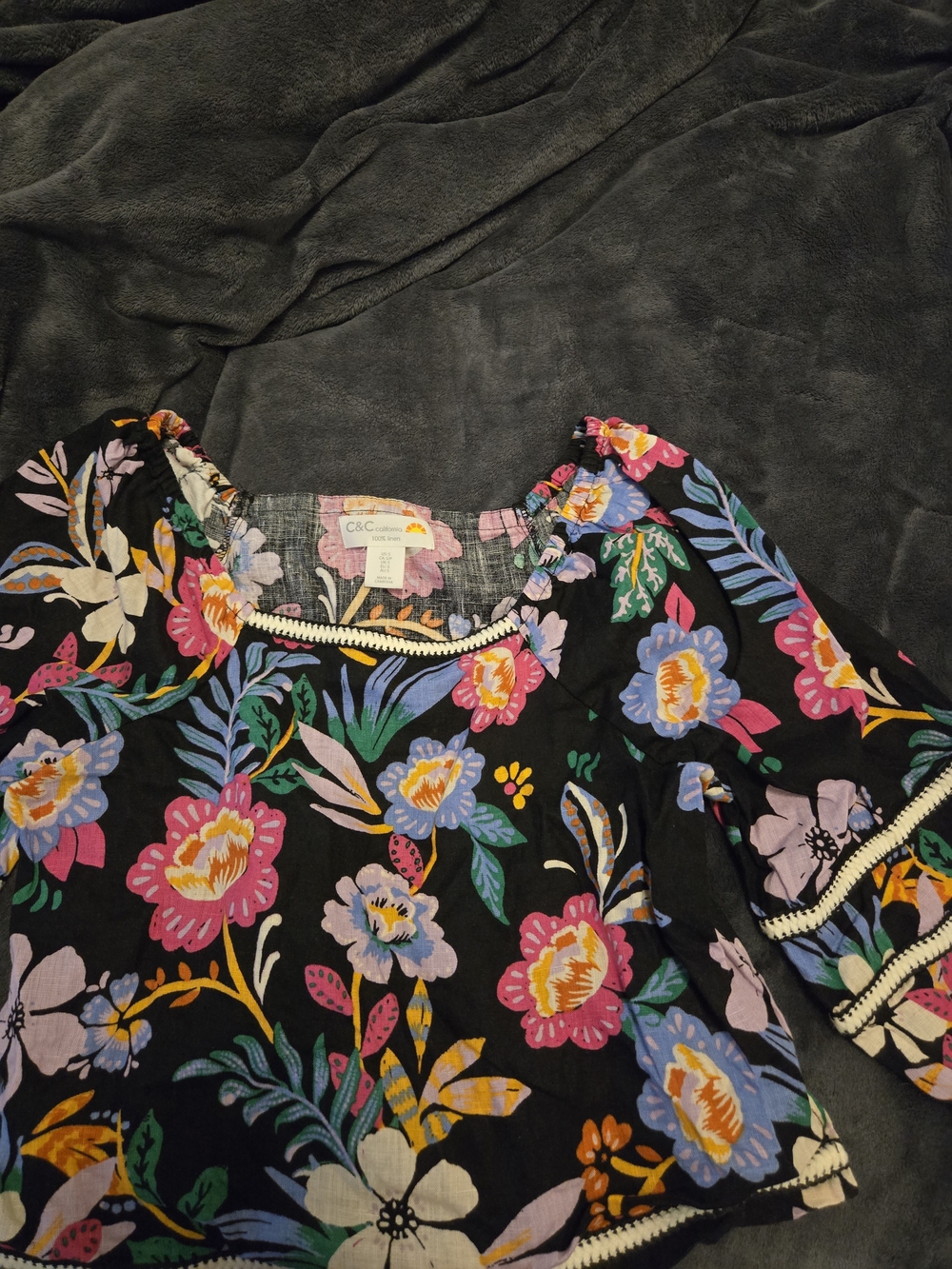 C&C California Black Linen Top with Pink Yellow Blue Floral Print